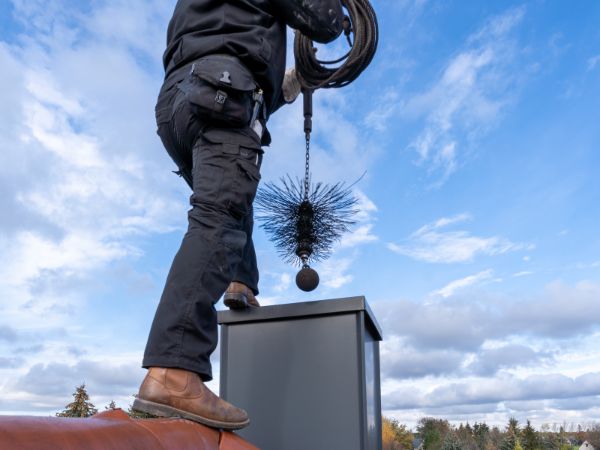 Chimney sweeping on a roof in Brookfield, WI.