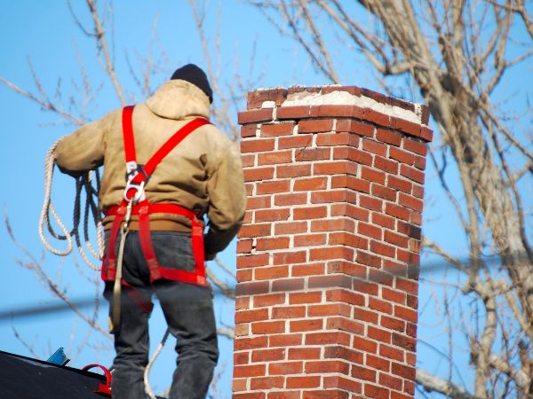 Worker performing chimney cap installation, Brookfield, WI.