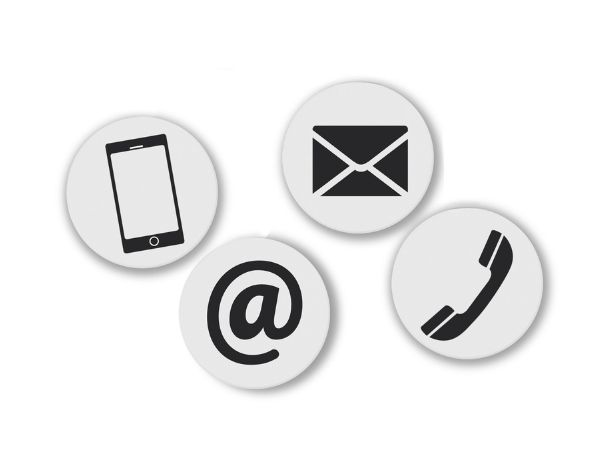 Communication icons depicting email, text, and phone.